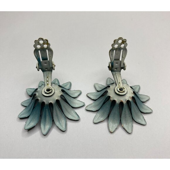 Blue Enamel Flower & Rhinestone Center Clip Earrings Vintage - Picture 2 of 4